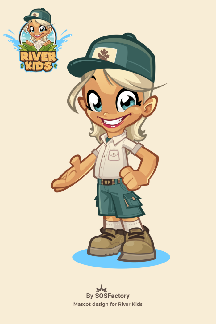 Cartoon explorer mascot with a friendly smile, wearing a khaki shirt and shorts.