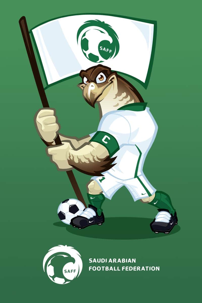 Cartoon falcon mascot in soccer gear, holding a flag and a soccer ball.