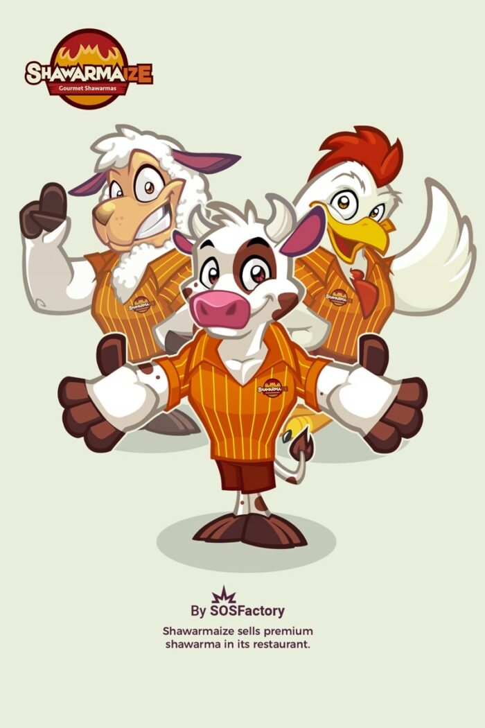 Three cartoon animal mascots wearing matching shirts and posing happily.