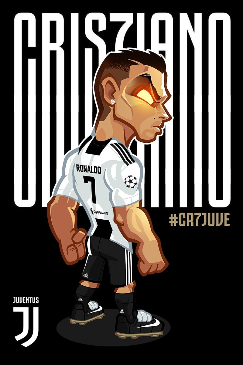 A stylized cartoon of Cristiano Ronaldo in a Juventus jersey, striking a confident pose.