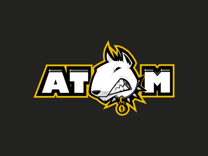 Atom logo featuring a tough cartoon dog with a collar.