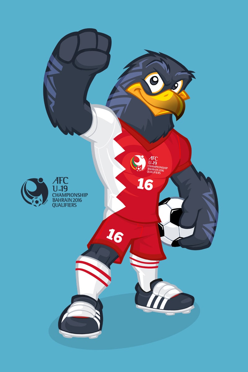 Cartoon falcon mascot in a red jersey with the number 16, celebrating with a raised fist and holding a soccer ball.