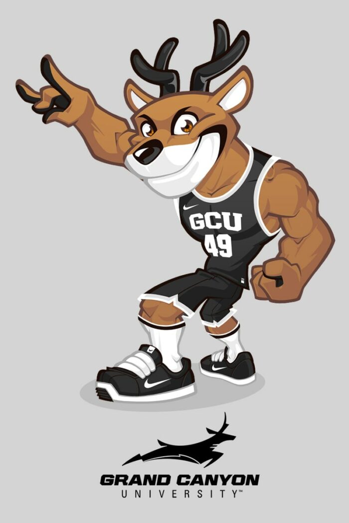 A muscular cartoon deer mascot wearing a basketball uniform and posing energetically.