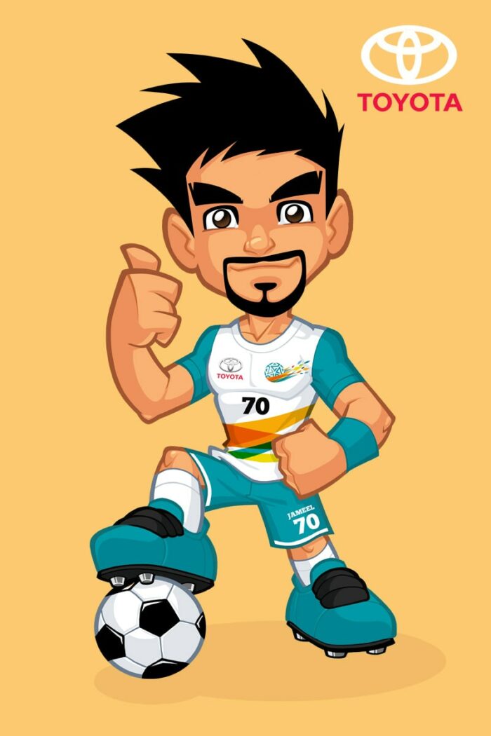 Cartoon soccer mascot Jameel, wearing a blue jersey with the number 70, giving a thumbs up next to a soccer ball and the Toyota logo.