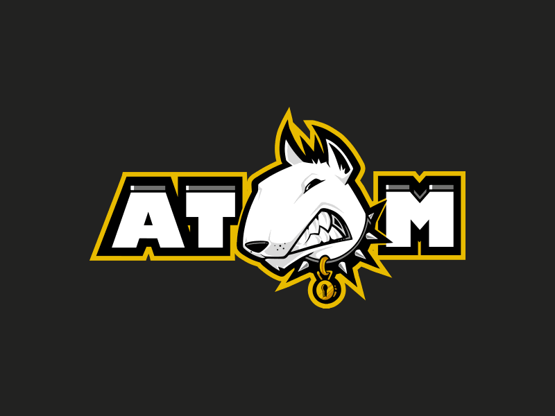 Logotipo de Atom, con un perro de raza Bull Terrier con expresión agresiva