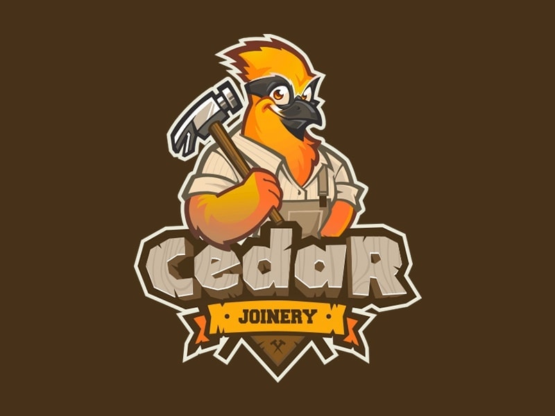 Cartoon bird mascot holding a hammer for Cedar Joinery.