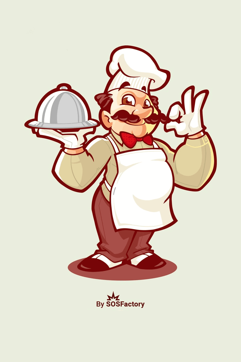 Cartoon chef holding a covered dish with one hand and giving an "OK" gesture with the other, wearing a white apron and chef's hat.