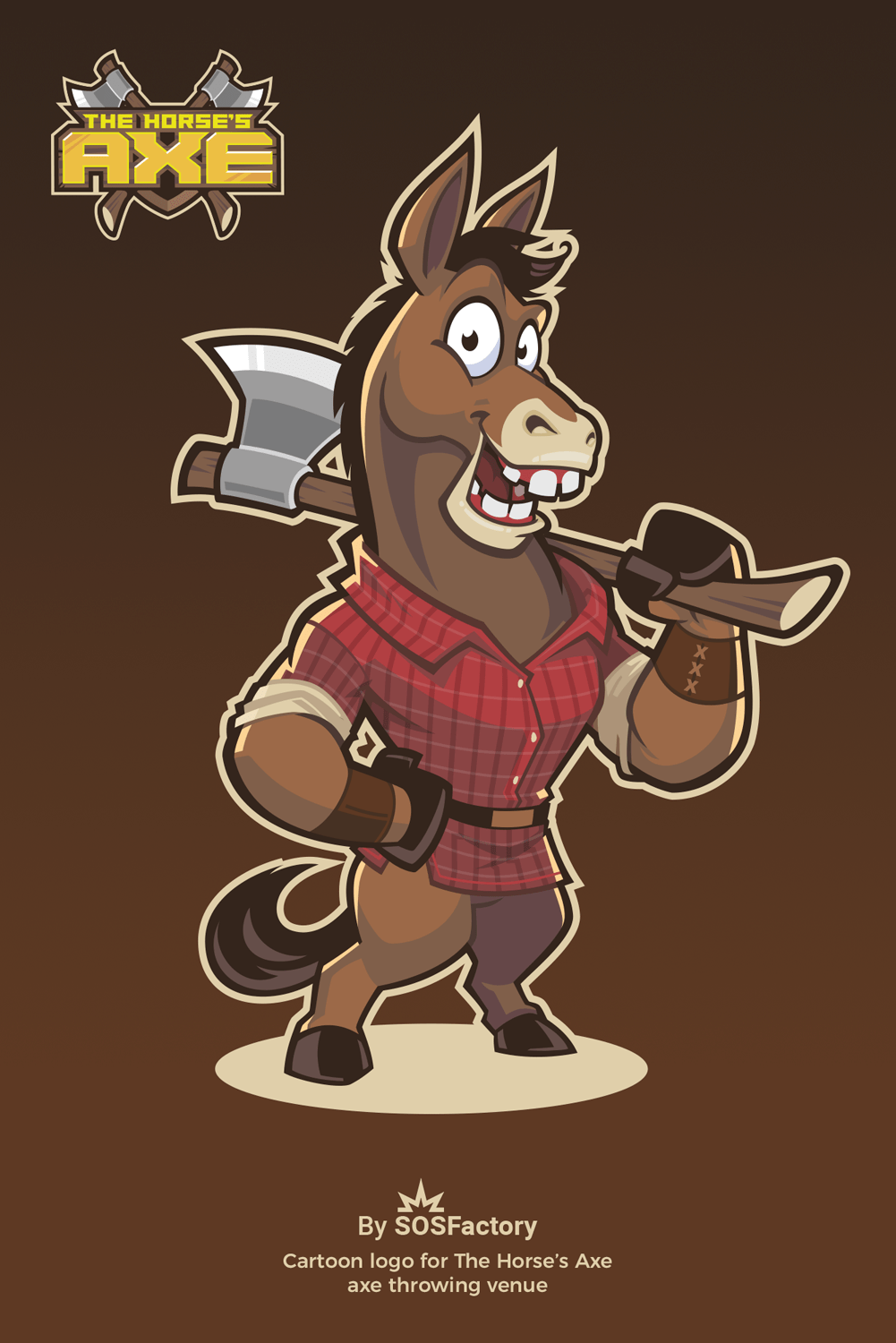 Funny horse mascot with an axe