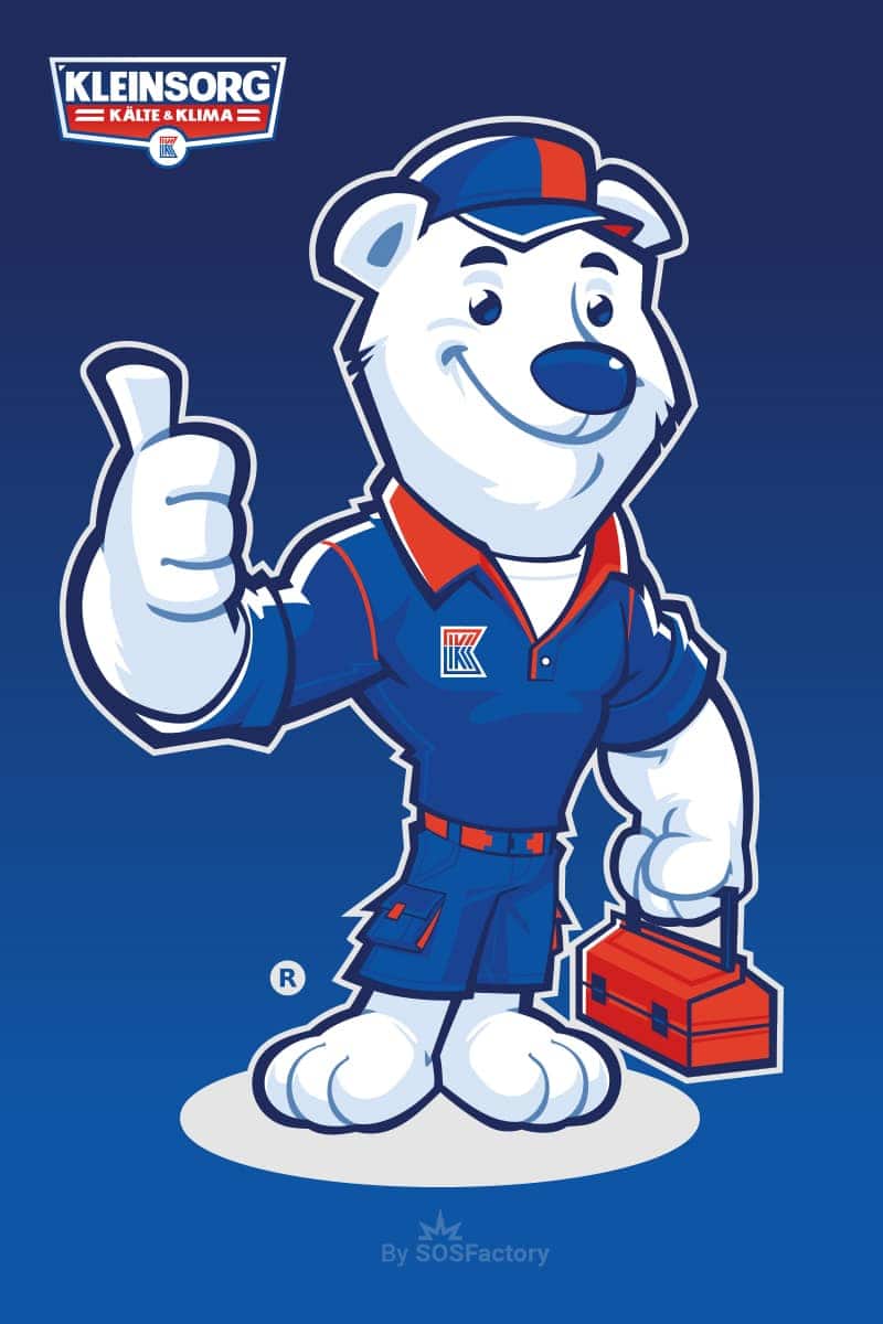 Cartoon polar bear mascot in a work uniform, giving a thumbs up.