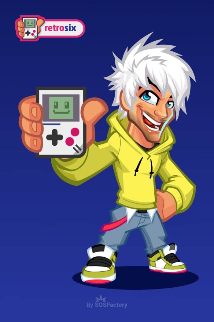 Cartoon character holding a handheld gaming console, wearing a yellow hoodie and stylish jeans, with spiky white hair and a playful grin.