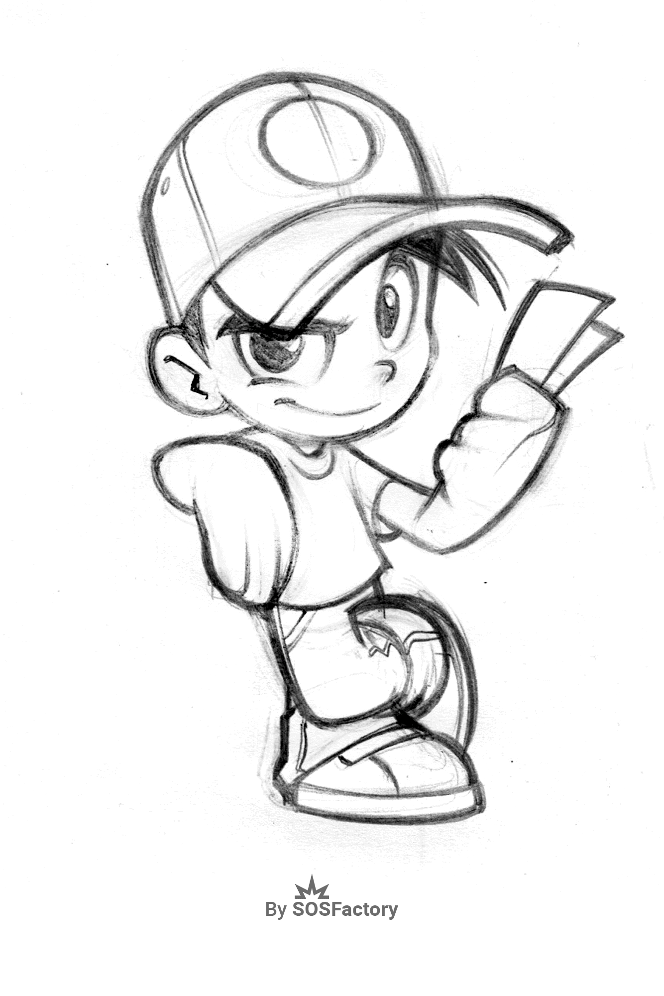 Cartoon boy character in a cap, showing confidence while holding cards, ideal for drawing exercises.