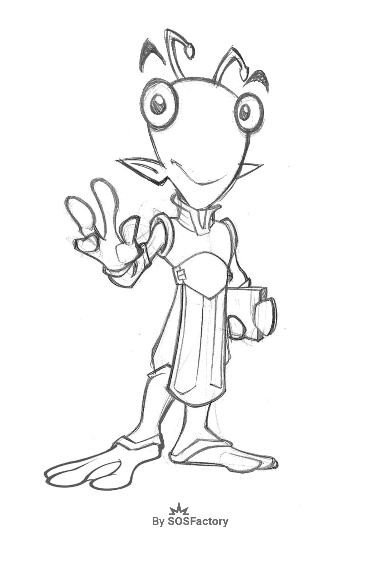 Friendly cartoon alien character waving, designed for character drawing practice.