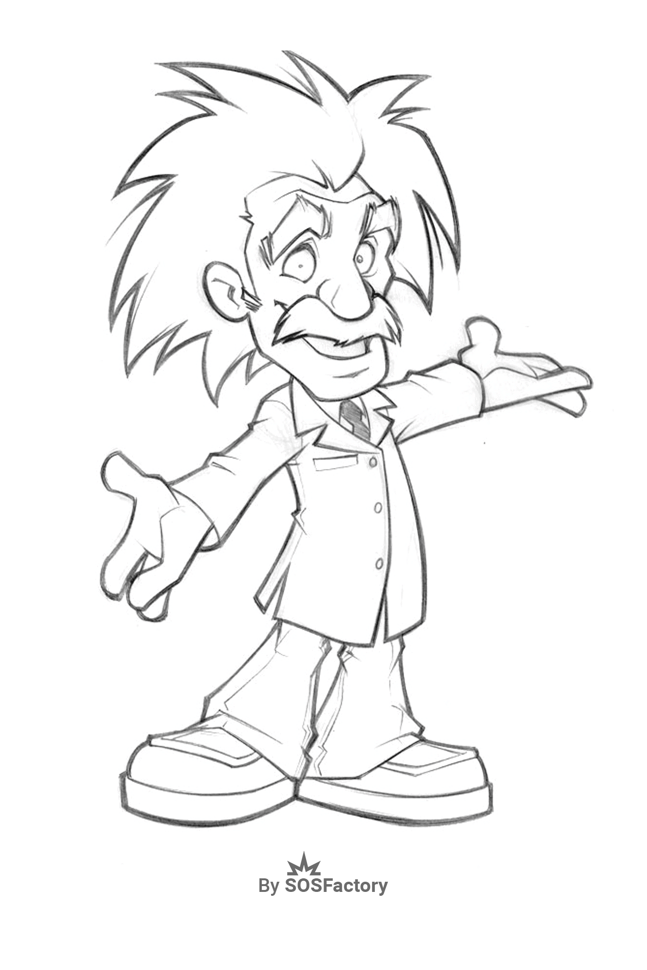 Cartoon character sketch of a fun scientist with wild hair, great for drawing practice.