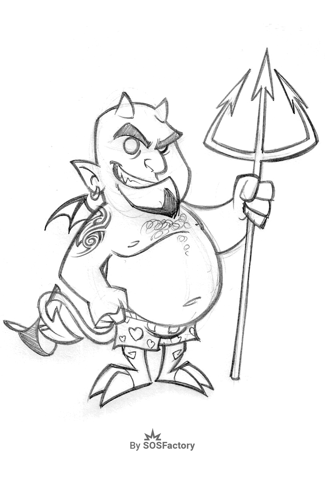 Fun drawing sketch of a devil character with a trident, ideal for cartoon drawing practice.