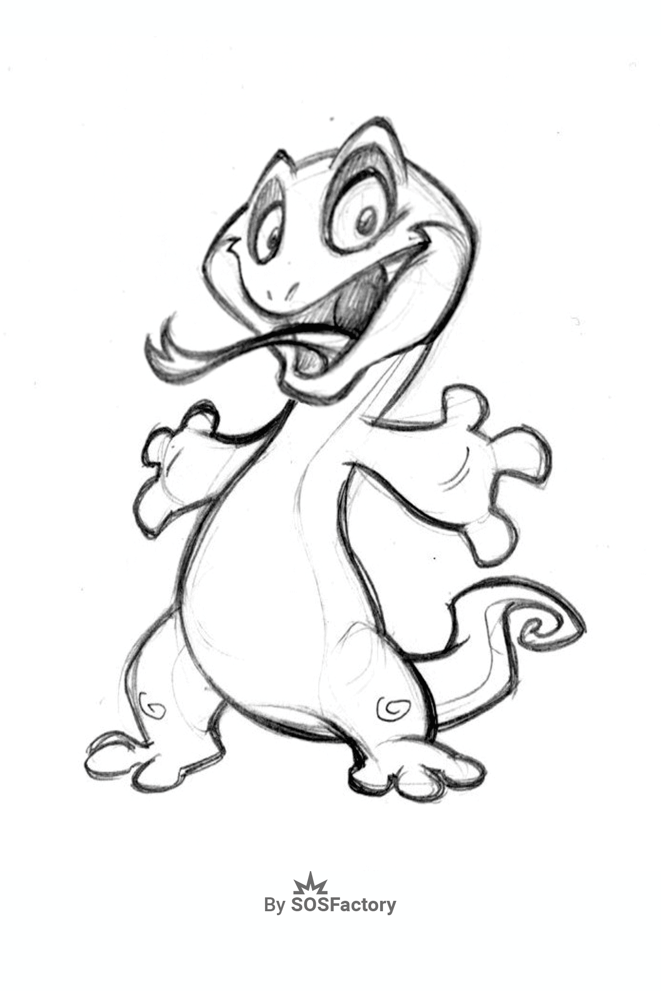 Playful lizard character sketch, perfect for learning to draw cartoon characters.