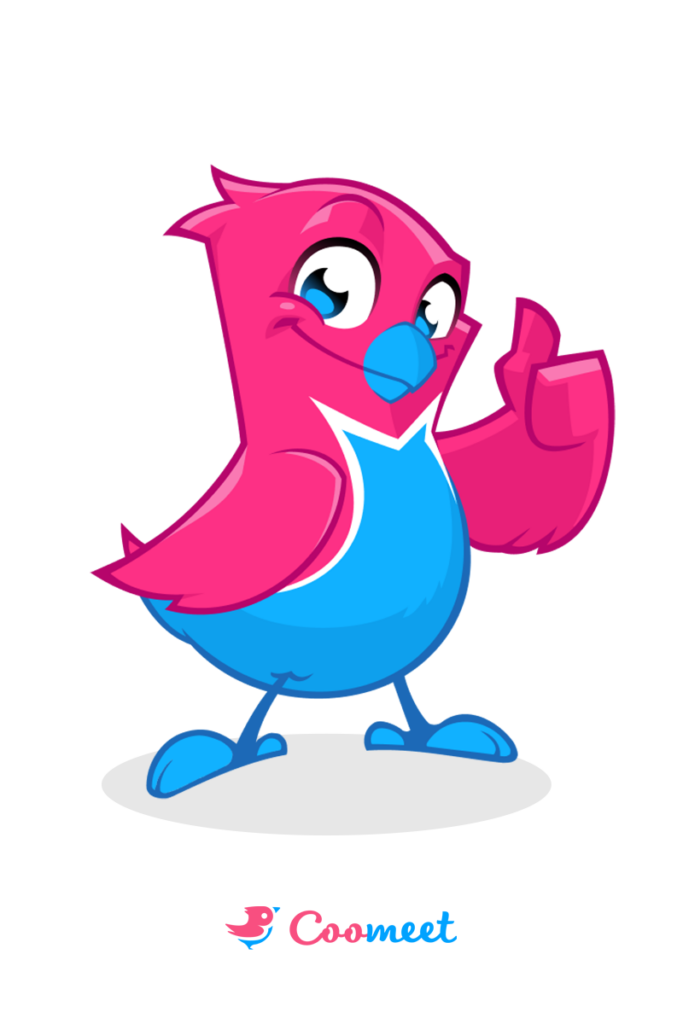 Mascota colorida de pájaro, diseñada para la plataforma Coomeet, mostrando un gesto positivo.