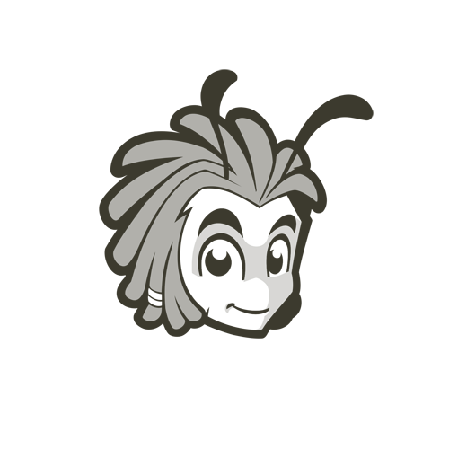 Bee mascot logo with large fluffy hair and antennas.