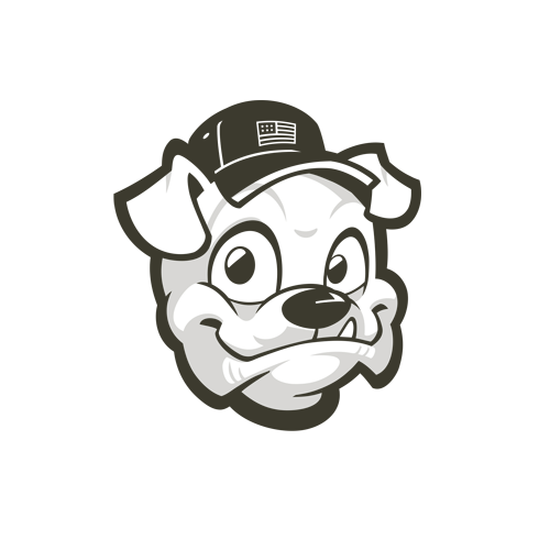 Cartoon bulldog mascot wearing a baseball cap