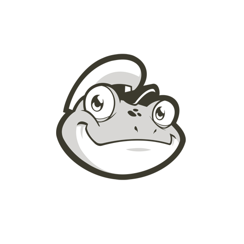 Cartoon frog mascot with a cheerful expression and big eyes.