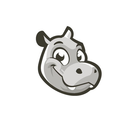 Cartoon hippo mascot with round features and large expressive eyes.