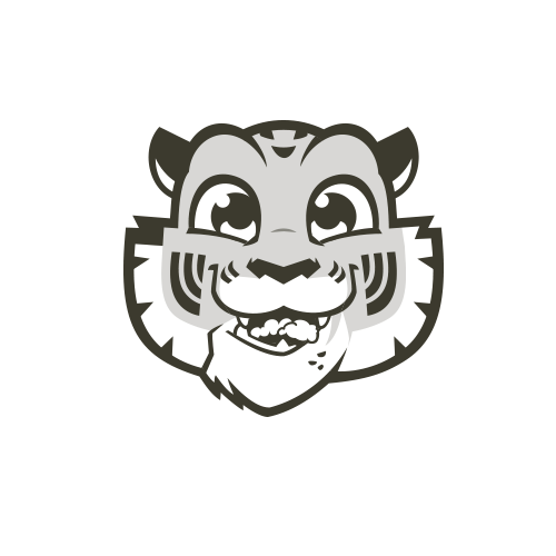 Cartoon tiger mascot with sharp features and a playful grin.