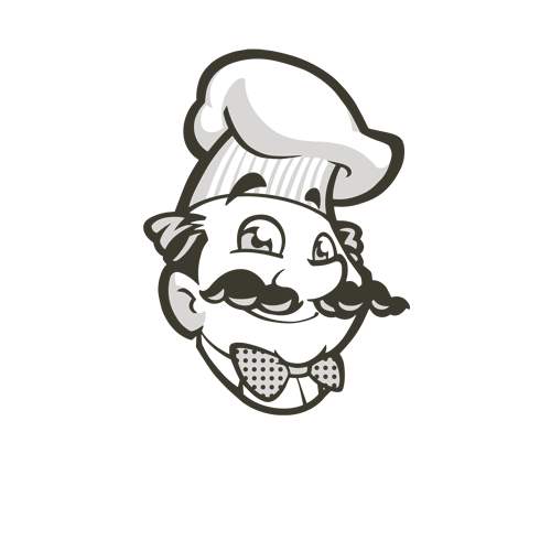 Cartoon logo of a chef with a big mustache and chef’s hat.