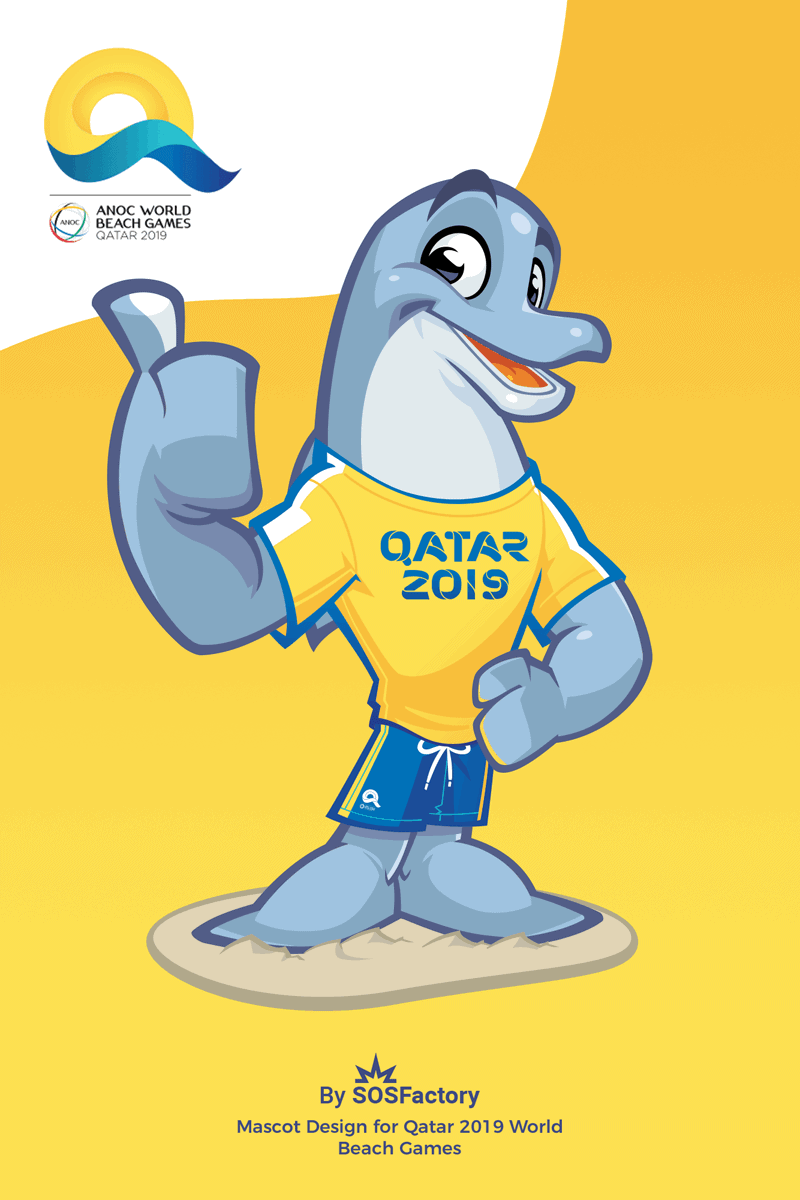 Mascota corporativa de los Juegos de Playa de Qatar 2019, un delfín sonriente con camiseta amarilla que dice "Qatar 2019"