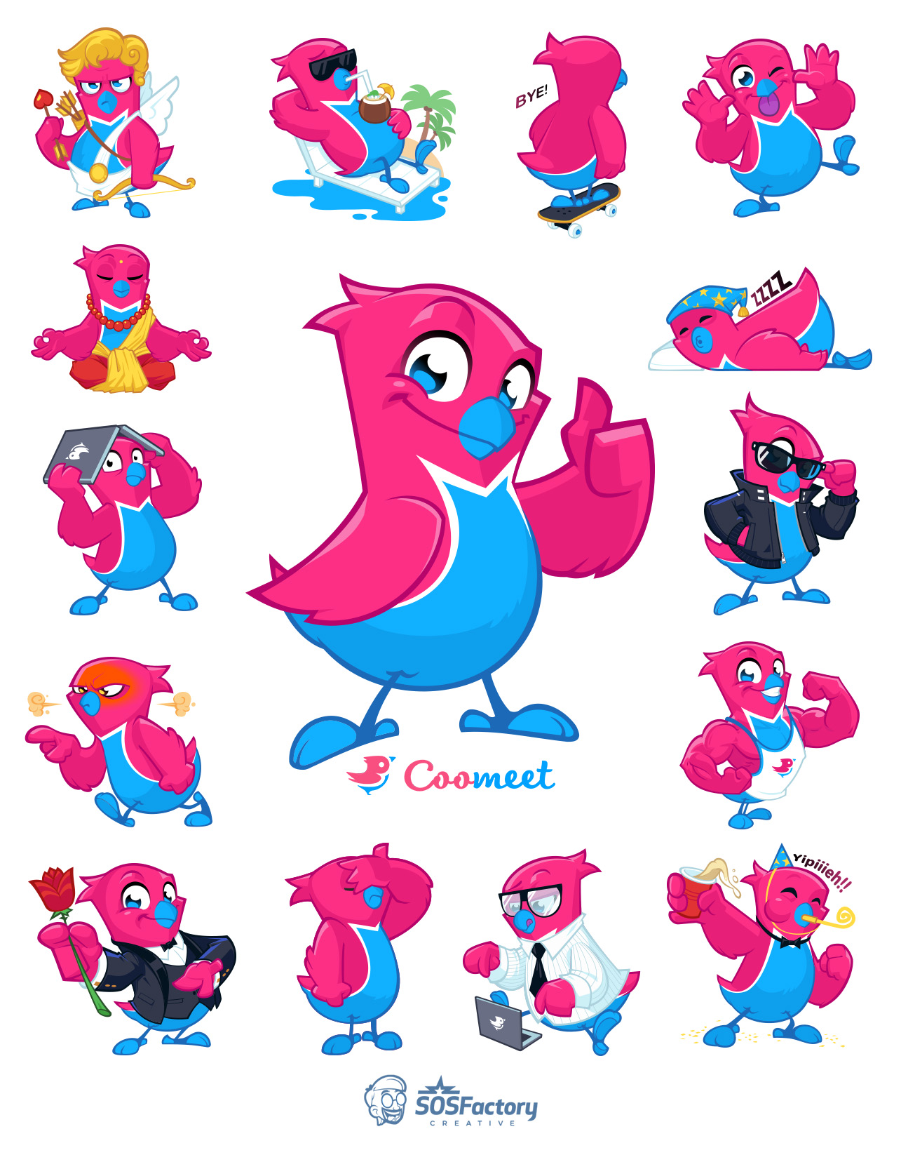 Dynamic pink bird mascot in fun poses: cupido, vacations, skateboard, sleep, and business themes.