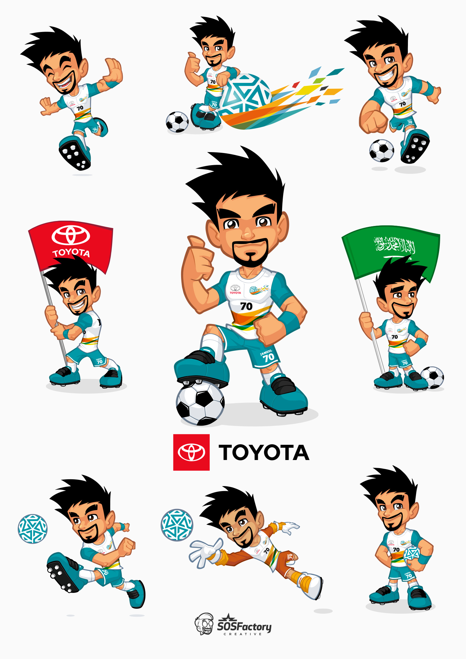 Dynamic football mascot in various action poses: kicking, cheering, and holding flags, designed for Toyota and Saudi Arabian football promotions