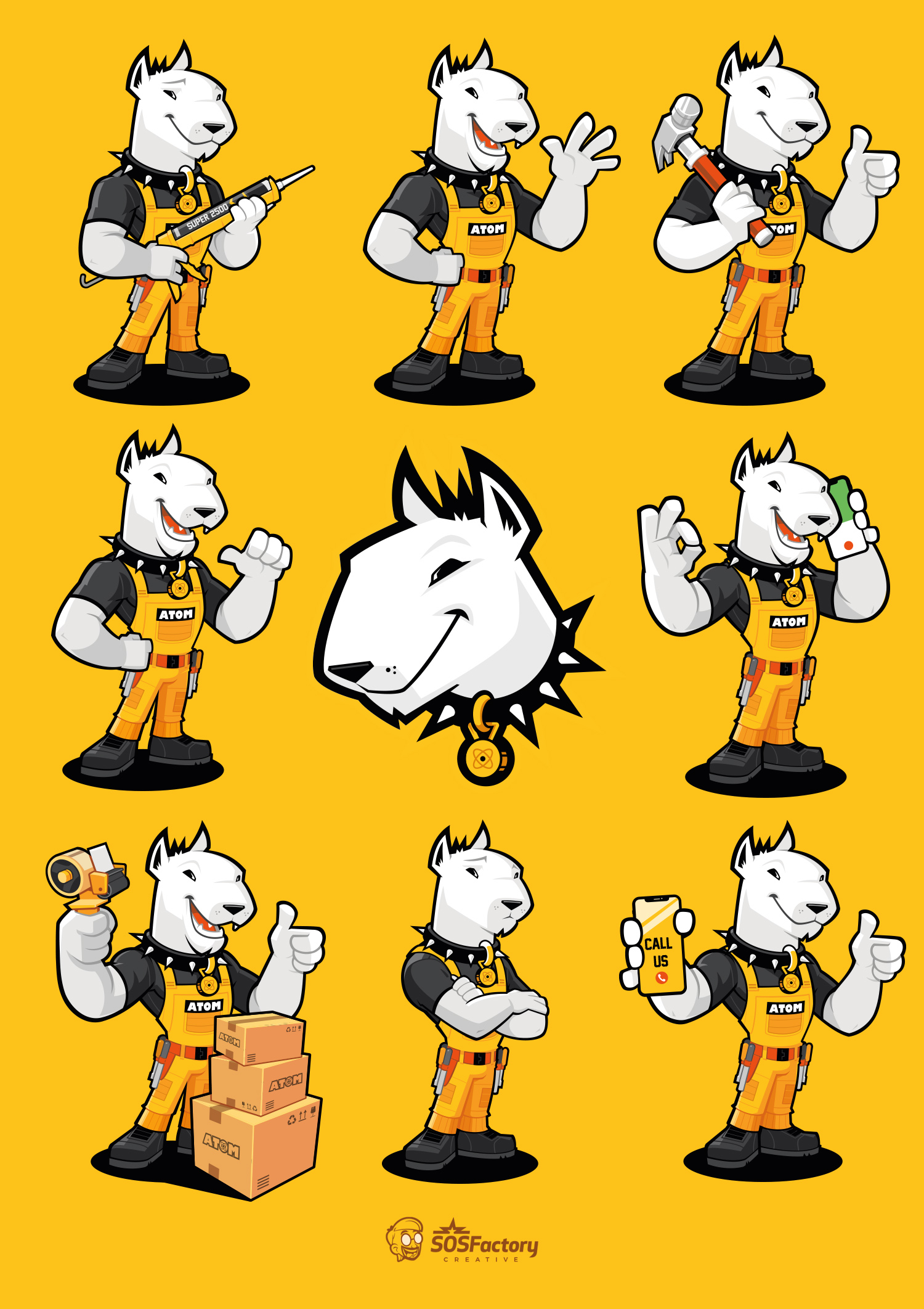 Handyman bullterrier mascot in different poses, wearing a tool belt and overalls, showcasing tools and gestures.