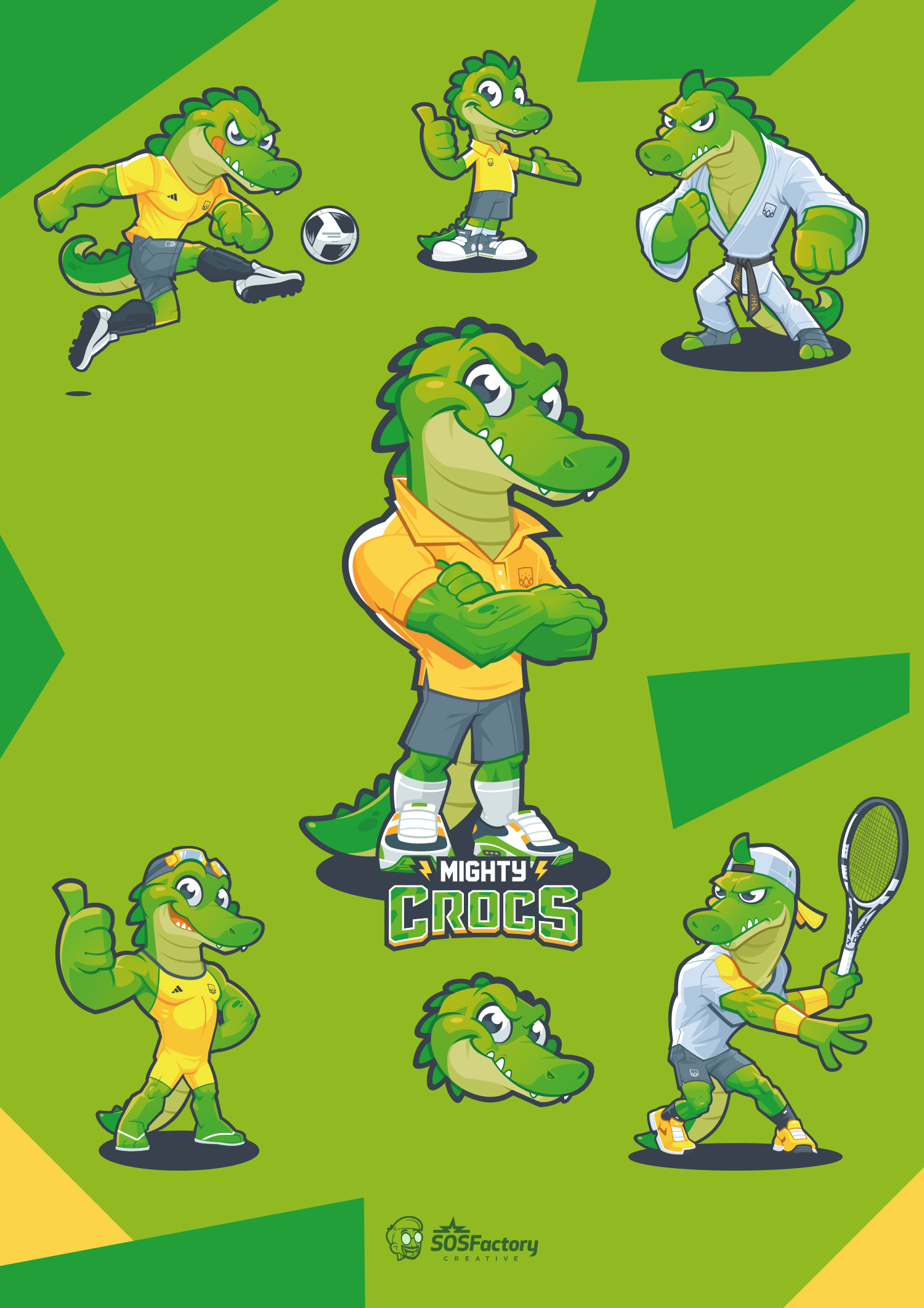 Mighty Crocs school mascot in multi-sports poses, including: soccer, tennis, and martial arts