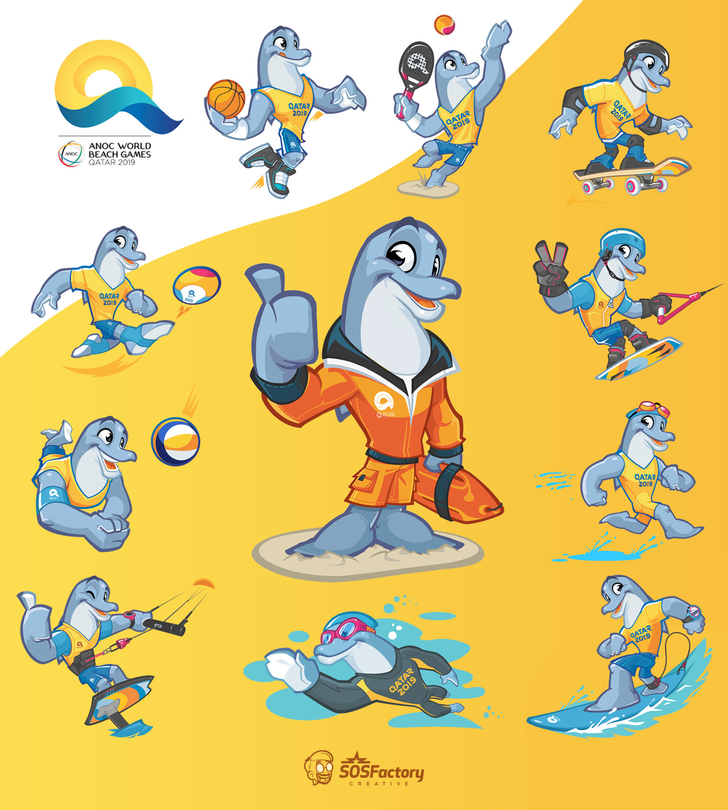 Playful dolphin mascot showcasing various beach sports poses, including basketball, volleyball, swimming, and kite surfing